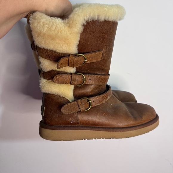 UGG Shoes - UGG Becket Boots Women’s 7 Brown Leather Sheepskin Lined Buckle Mid-Calf